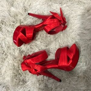 Red Satin Evening High Heel Sandals 4.5”